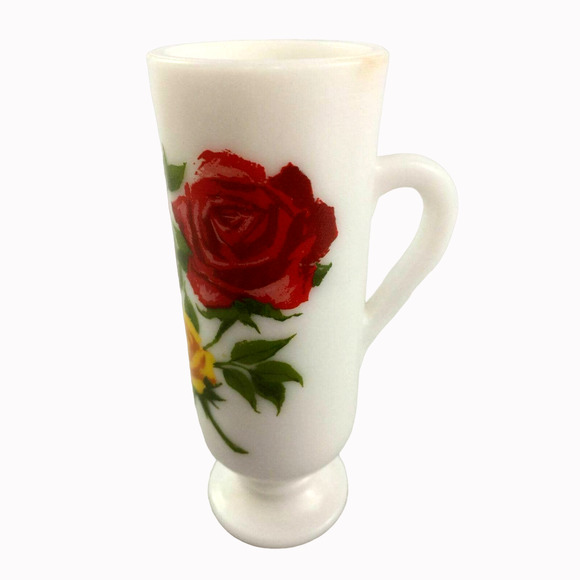 Avon Red Yellow Roses Flowers White Milk Glass Mug Handled Pedestal Bud Vase - Picture 2 of 13